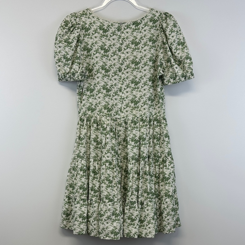Krewe Du Q Green Floral Toile Puff Sleeve Cottagecore Mini Dress Size S - Picture 6 of 8